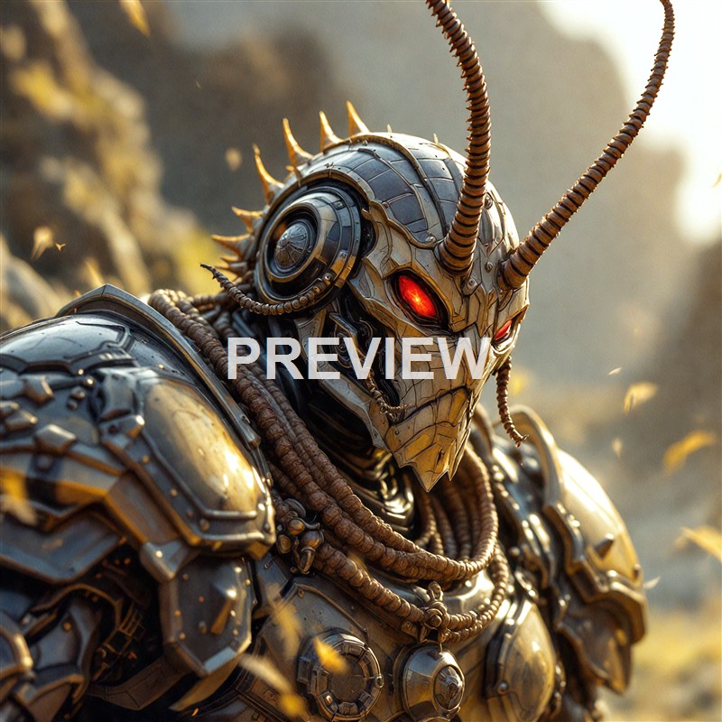 A detailed robotic humanoid figure with a skull-like face, glowing red eyes, and multiple antennae and spikes protruding from its head, set against a blurred natural background.